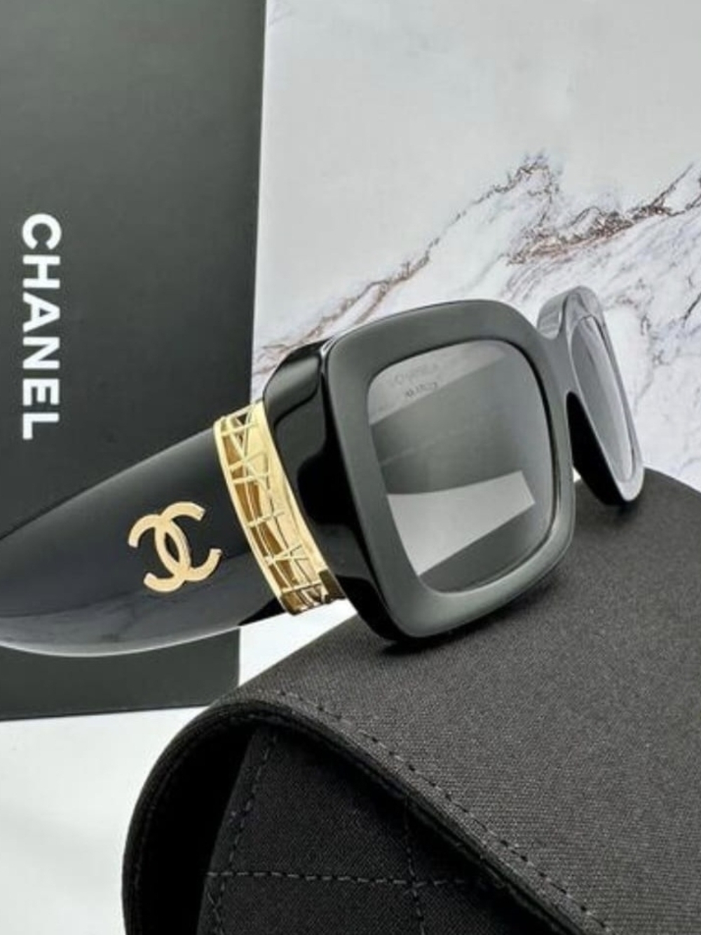 CHANEL Black and Gold Square Frame Logo Sunglasses